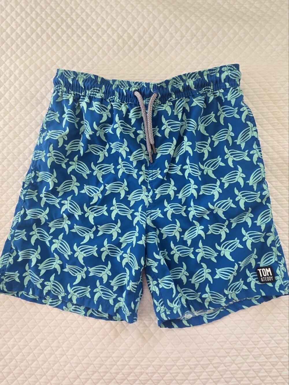 Tom & Teddy Teal and Aqua Turtle-Print Swim Shorts